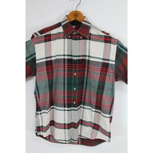 Tommy Hilfiger Long sleeve button down Shirt Red Green Plaid Mens M 100% Cotton